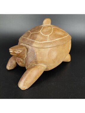 Handmade Carved Wood Turtle Trinket Box Lidded Jewelry Container Brown Decor
